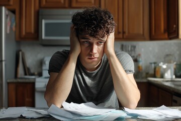 Young man sitting at kitchen table, surrounded by scattered papers, showing signs of distress and contemplation, reflecting the challenges of mental health and schizophrenia