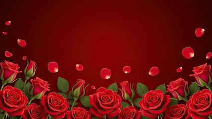 Romantic red roses with falling petals background