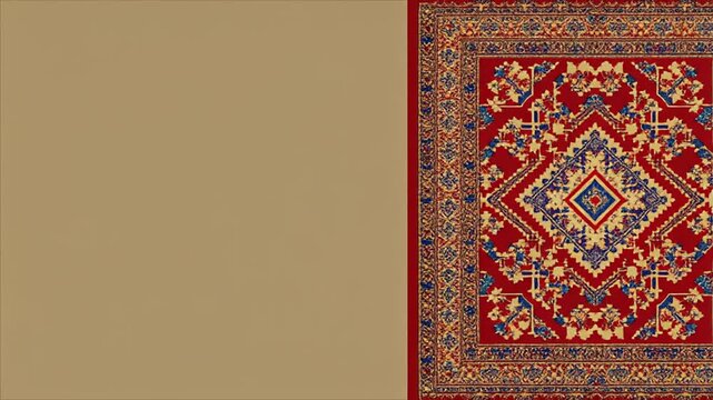 A patterned red rug design against a tan wall backdrop. The rug exhibits intricate blue and gold details