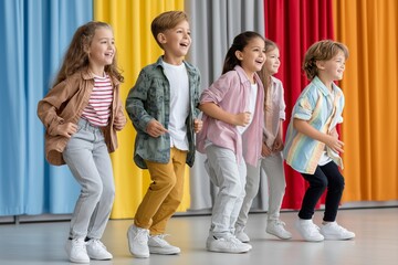 Group of happy diverse children performing a dance or comedy skit on a stage with colorful curtains in a classroom representing school talent show childhood creativity and performing arts