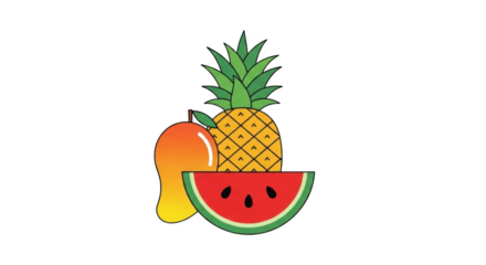 Mango pineapple and watermelon slice on png isolated transparent background black background fruit