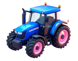 Blue tractor illustration with pink-tinted wheels, on a black background