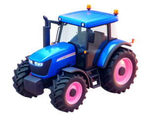 Blue tractor illustration with pink-tinted wheels, on a black background
