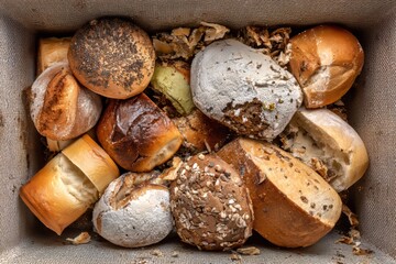 Top-down view of various unsold bread loaves, buns, and pastries discarded in a container, highlighting the global issue of food waste and the environmental impact of excess production