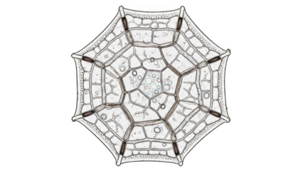 Microscopic view of a diatom frustule with intricate geometric patterns and small bubbles png isolated transparent background