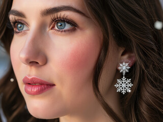 Young woman with earrings looking thoughtfully in winter scenery  