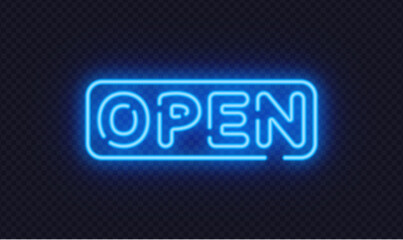 Blue neon open sign in clean vector style, perfect for shops, cafes, and service locations. Cool glow creates welcoming night visibility.