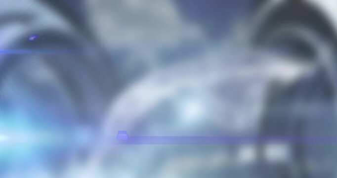 Animation of blue light moving over feet of caucasian woman in face mask showing covid shoe