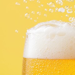 Golden beer foaming with white head, bubbling against bright yellow backdrop, capturing essence of refreshing brewery moment and festive drinking celebration