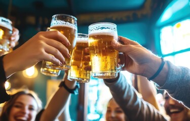 Friends raising beer glasses in pub, sharing laughter and bonding, radiating warm social connection during relaxed evening gathering