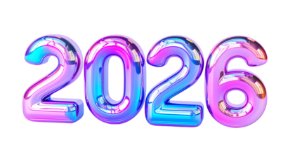 Glossy, holographic numbers spelling "2026" on a black background