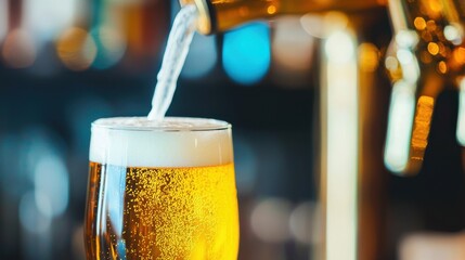 Golden beer pouring into glass, forming creamy foam at craft brewery bar, representing refreshing drinking experience