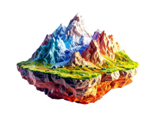 Floating island with multicolored mountains and grassy terrain