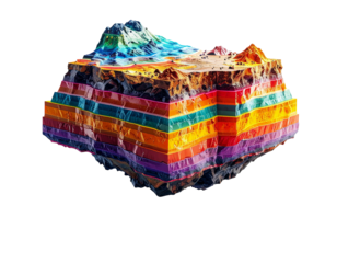 Cross-section of a colorful mountain, showing layered geology