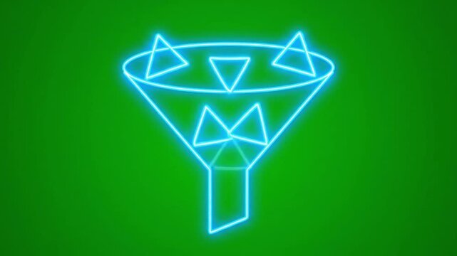 Neon blue sales funnel icon with geometric triangles, glowing marketing conversion symbol on green background, digital data processing animation