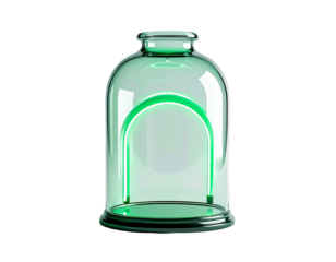 A translucent green jar with a neon-light arch inside, on a black background