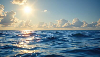 A 16:9 conceptual water conservation image with a wide horizon where flowing water reflects clouds a