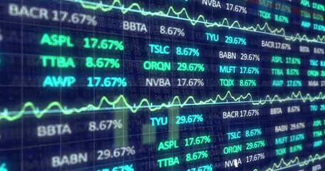 Animation of financial data processing and statistics on black background - Powered by Adobe