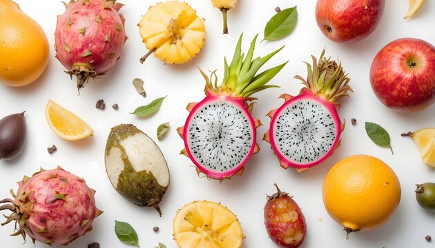 A vibrant and healthy assortment of fresh exotic and common fruits laid out on a white surface. drachenfrucht