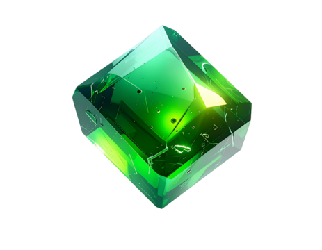 Green crystal, geometric shape, glowing core, on a black background - Powered by Adobe