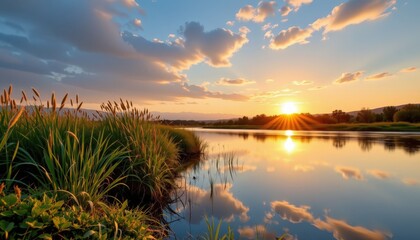 A wide environmental awareness image featuring a peaceful riverbank at golden hour with tall grasses