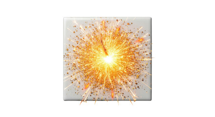 Png isolated transparent background White cube with bright golden sparks exploding outwards on black background