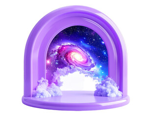 A purple arch frames a swirling galaxy and fluffy clouds