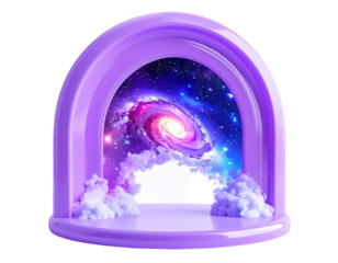 A purple arch frames a swirling galaxy and fluffy clouds