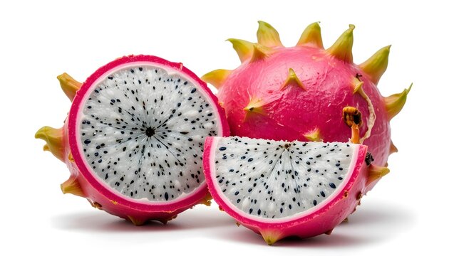 Vibrant pink dragon fruit, whole and cut, revealing its white flesh and black seeds. drachenfrucht