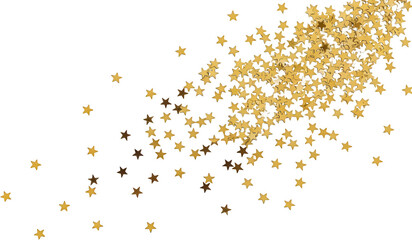 Scattered golden star shaped confetti creating a dynamic shimmering cascade against a dark backdrop stars glitter sparkling celebration party abstract transparent background