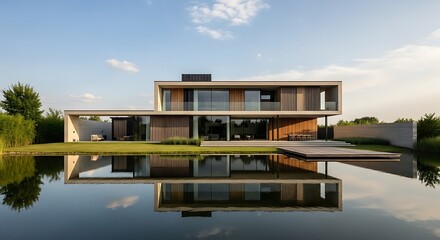 Fototapeta premium Modern Luxury House with Reflective Pool and Clear Sky.
