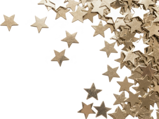 A scattering of metallic golden star shaped confetti pieces with a brushed texture arranged in a heap on the right and some falling to the left glitter transparent background