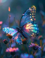 A futuristic biomechanical butterfly glowing with neon hues, translucent wings reflecting rainbow light, perched among wildflowers, shallow depth of field, whimsical sci-fi fantasy mood.