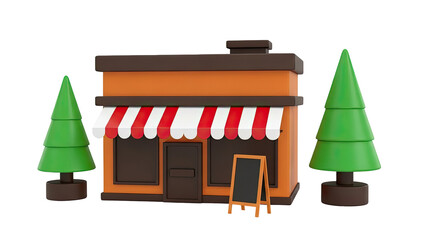 Cartoon Storefront with Trees and Chalkboard