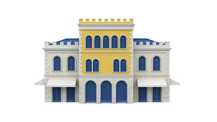 Cartoon Castle-like Building with Yellow Center and Blue Details