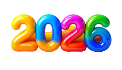 Gleaming, colorful 3D rendered "2026" text against a black backdrop