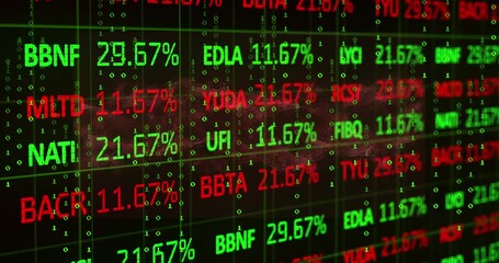 Animation of binary coding and stock market data processing over digital wave on black background - Powered by Adobe