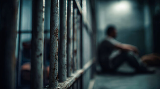A man sits on the floor of a prison cell behind iron bars. The background is dark and blurred, creating a moody atmosphere