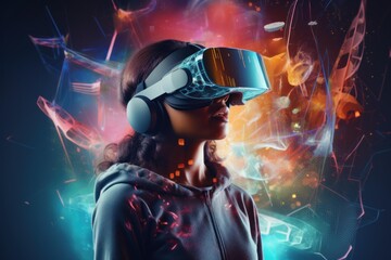 Woman wearing vr headset connecting to a digital abstract world