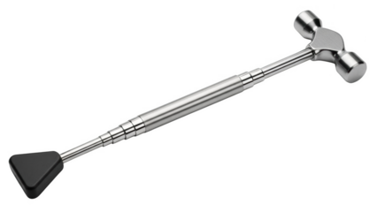 Silver reflex hammer with triangular png isolated transparent background black rubber head on black background