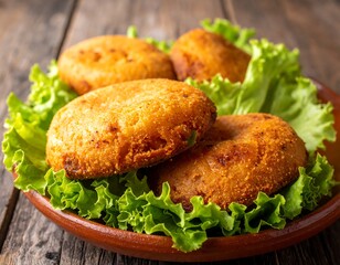 Golden, fried potato patties nestled on fresh lettuce in a rustic bowl