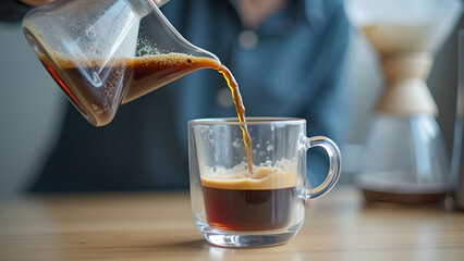 Pour Over Coffee Brewing into Glass Cup