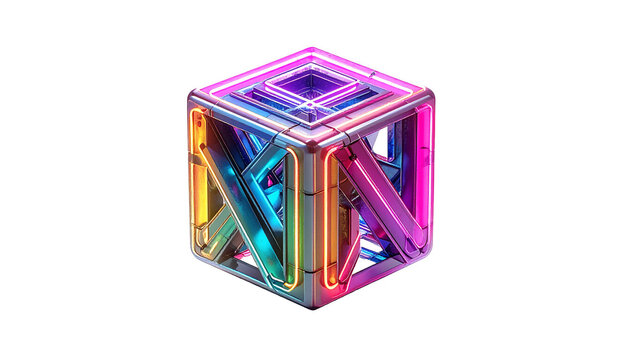 Futuristic 3D cube with neon lights & layered geometric design