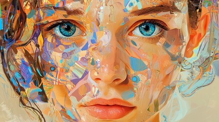 Abstract portrait of a woman with vibrant colors and textures.