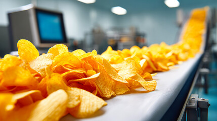 Potato chips move along a conveyor belt in a food factory. Transparent bags are filled with chips while data screens and control equipment are visible