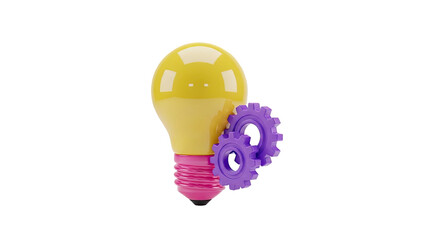 Yellow light bulb with purple gears against a white background