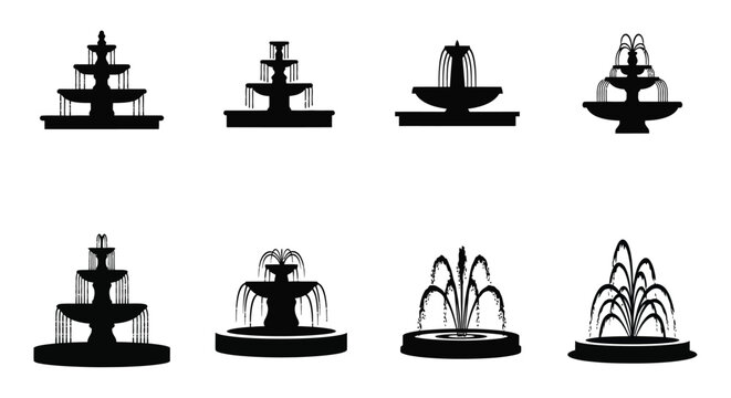 Collection of ornate fountain designs in a striking black silhouette