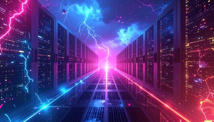 Futuristic Server Room with Neon Lightning and Digital Data Flow.