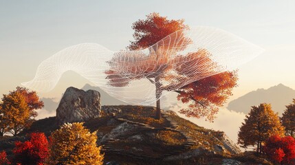 Autumn tree on hilltop with abstract lines.