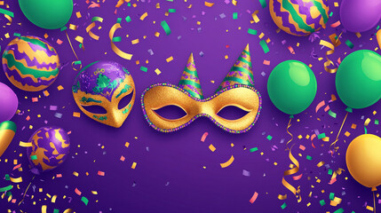 Fototapeta premium Minimal scene with beads, masks, balloons, and confetti for Mardi Gras. Clean modern design and vibrant palette highlight energetic atmosphere